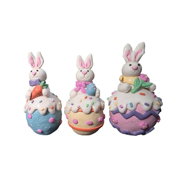 3 Sugared Glitter Bunny Rabbits Easter Eggs Decor Figurine - Picture 8 of 10